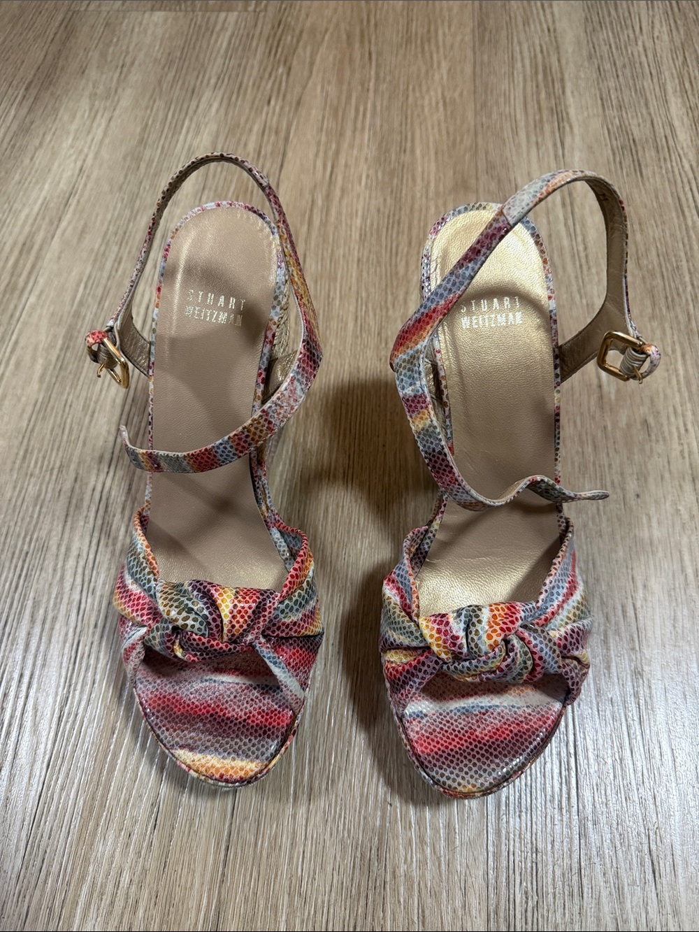 Stuart Weitzman Multicolor Snake-Print Knot Sandals with Ankle Strap size 9
